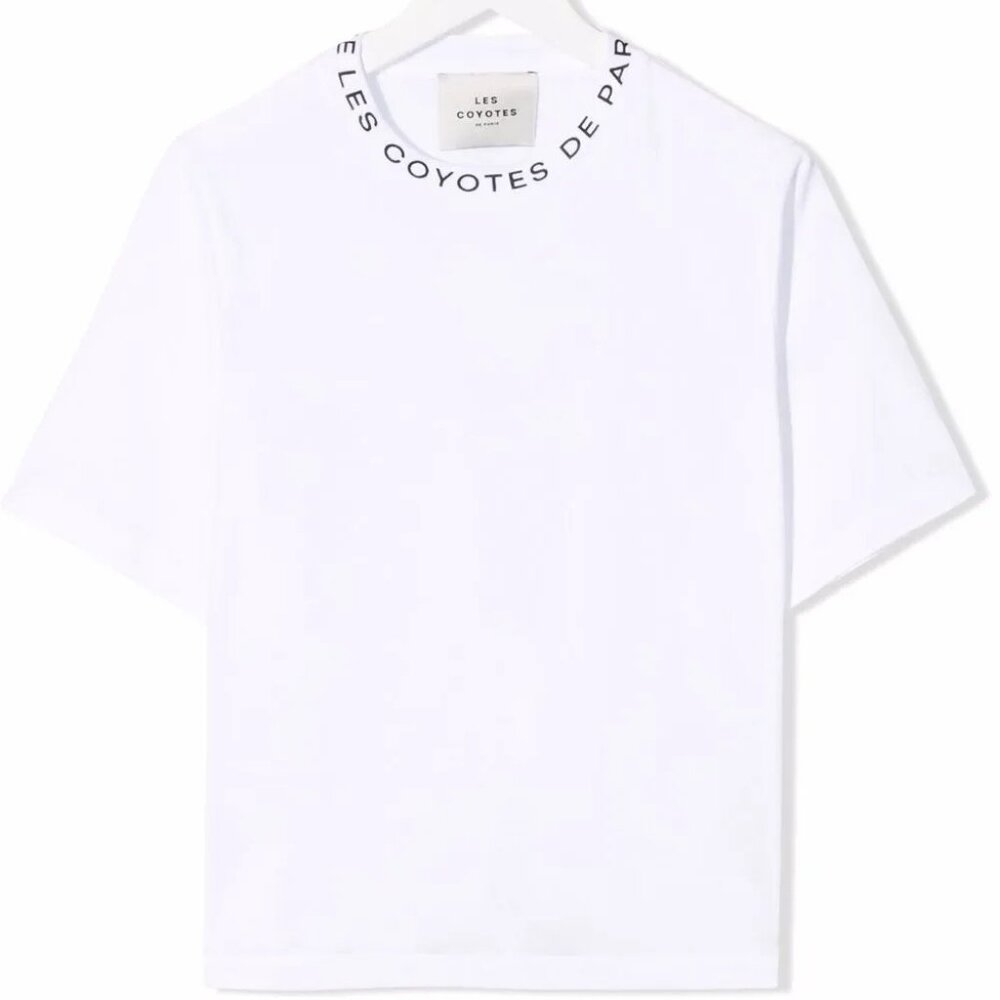 Les Coyetes De Paris Girls White Short Sleeve tee with neck spellout sz 10 READ